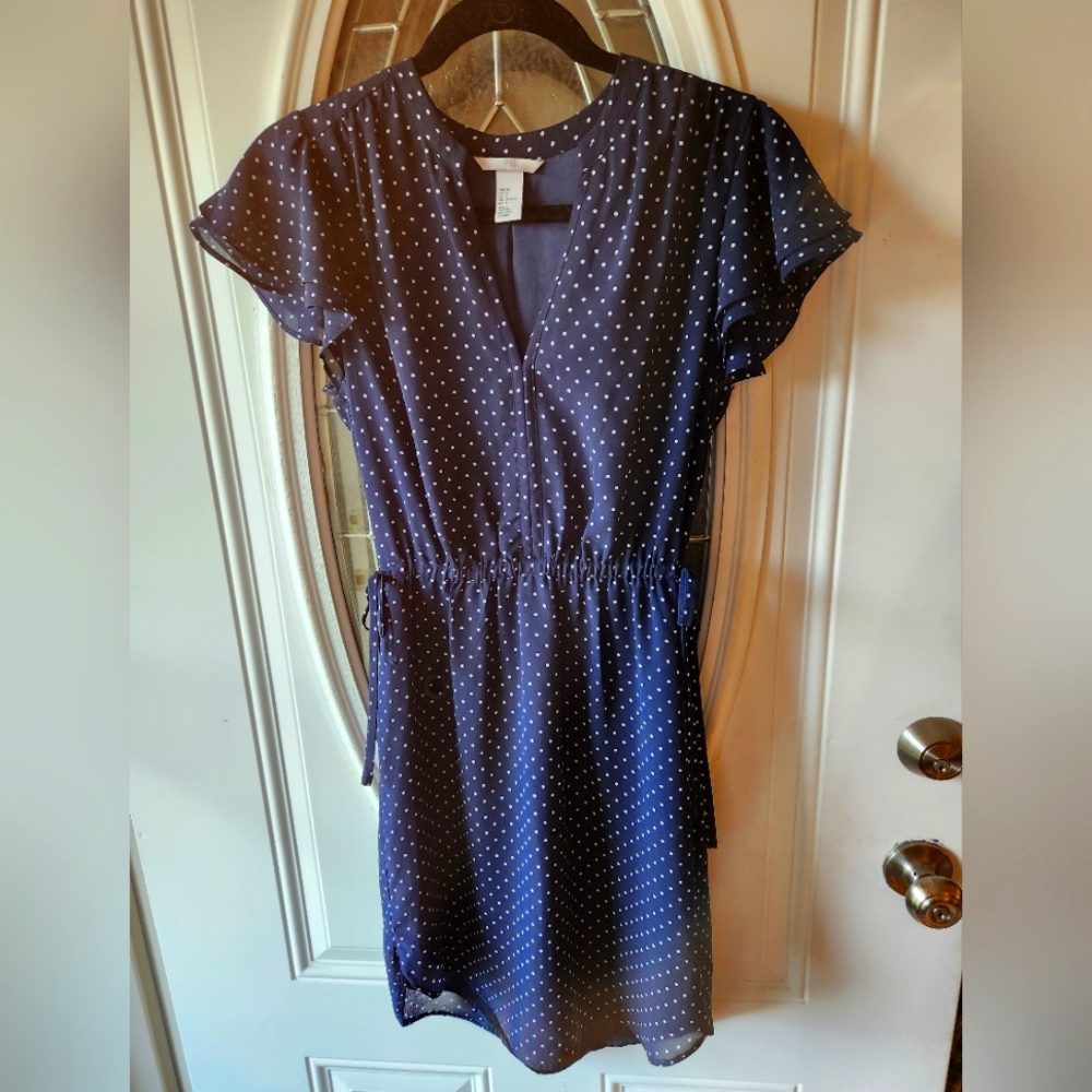 H&M Chiffon Navy Polka Dot Dress Size 6